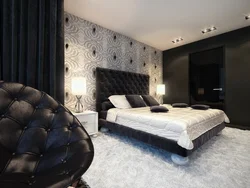 Bedroom interior design with dark wallpaper