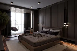 Bedroom interior design with dark wallpaper
