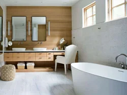 Bath design with wood furniture