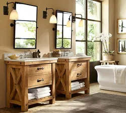 Bath design with wood furniture