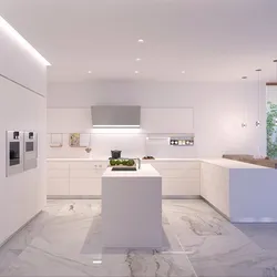 Дызайн кухні з белай падлогай і сценамі