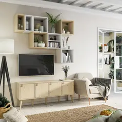 Wooden bookcase in the living room interior