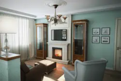 Living room interior 20 sq m photo with fireplace