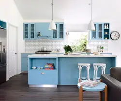 Шэра блакітны колер сцен у інтэр'еры кухні