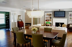 Дизайн гостиной с диваном и обеденным столом фото