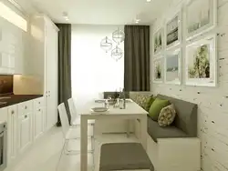 Kitchen design with sofa and table 12 sq m