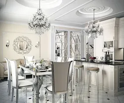 Kitchen interior with white wallpaper