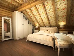 Дызайн спальні драўлянага дома фота мансарда