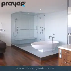 Photo of a bathroom with a bathtub in the middle