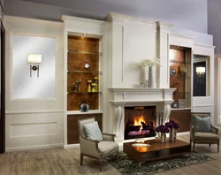 Classic fireplace in the living room interior photo