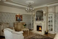 Classic fireplace in the living room interior photo