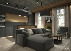 Kitchen design with living room in modern loft style