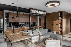 Kitchen design with living room in modern loft style