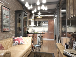 Kitchen Design With Living Room In Modern Loft Style