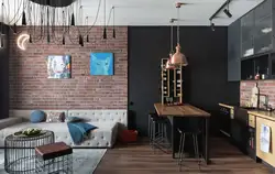 Заманауи лофт стиліндегі қонақ бөлмесі бар ас үй дизайны