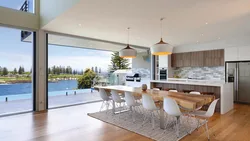 Kitchen design with panoramic windows in a modern style