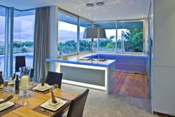 Kitchen design with panoramic windows in a modern style