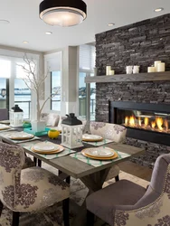 Kitchen interior with fireplace in apartment