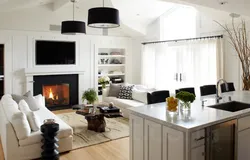Kitchen interior with fireplace in apartment
