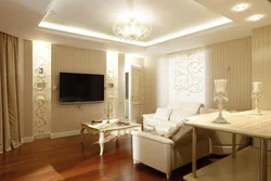 Beige wallpaper in the living room in a modern style photo in the interior