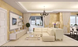 Beige wallpaper in the living room in a modern style photo in the interior