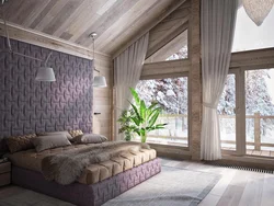 Bedroom in a wooden house made of timber photo