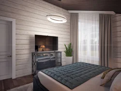 Bedroom in a wooden house made of timber photo