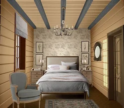 Bedroom in a wooden house made of timber photo