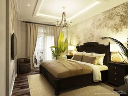 Wallpaper for bedroom with dark furniture design photo