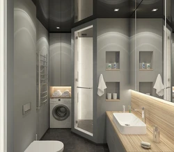 Дәретхана және кір жуғыш машина және душ бар ванна бөлмесінің дизайны