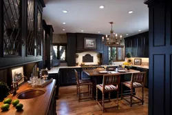 Photo of a dark living room with kitchen