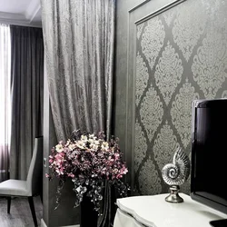 Velvet curtains in the interior of a living room in style