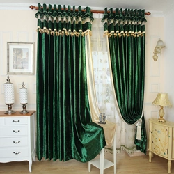 Velvet curtains in the interior of a living room in style