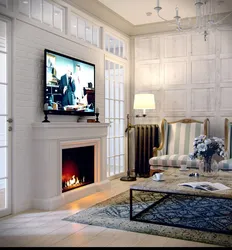 Телевизор и камин на одной стене в интерьере гостиной
