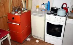 Interior of a small kitchen with a floor-standing boiler