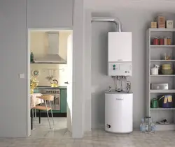 Interior of a small kitchen with a floor-standing boiler