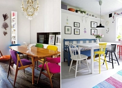 Chairs of different colors in the kitchen interior