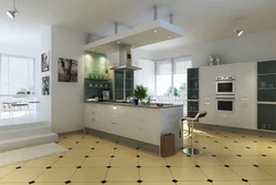 Floor design in the living room combined with the kitchen