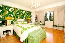 Green wallpaper for bedroom walls in the interior
