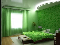 Зялёныя шпалеры для спальні сцен у інтэр'еры