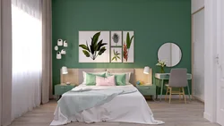 Зялёныя шпалеры для спальні сцен у інтэр'еры