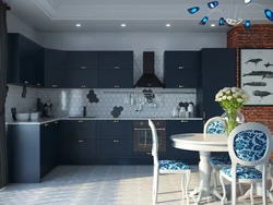 Photo of kitchen gray top blue bottom