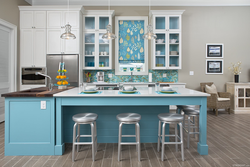 Color combination in the interior of a gray-blue kitchen