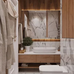 Bathroom design with wood and marble tiles photo