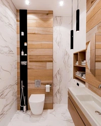 Ағаш және мәрмәр плиткалары бар ванна бөлмесінің дизайны фото