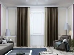 Two-color curtains in the living room interior photo