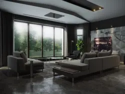 Living room in a modern style in dark colors photo