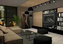 Living room in a modern style in dark colors photo