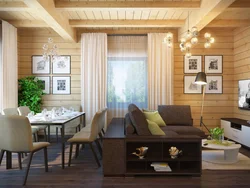 Living room in a wooden house made of timber photo