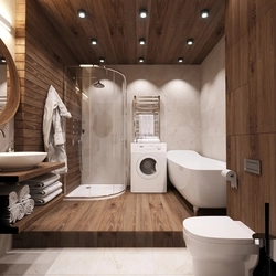 Toilet with bathtub in a wooden house photo design